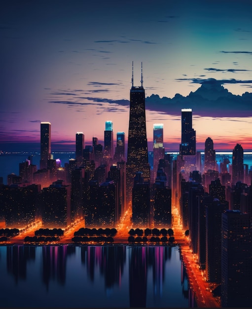 Paesaggio urbano con strade illuminate al tramonto con nuvole create utilizzando la tecnologia generativa ai