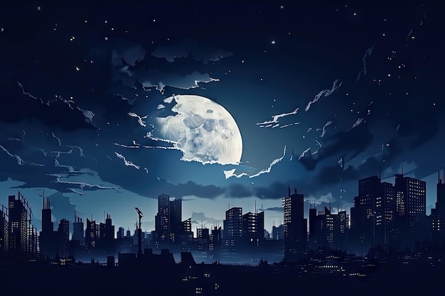 Paesaggio urbano con vista della luna in frantumi nel cielo notturno creato con l'IA generativa