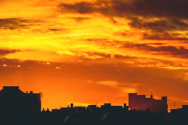 Paesaggio urbano con vivida alba infuocata. Incredibile caldo cielo nuvoloso drammatico sopra sagome scure di edifici della città. Luce solare arancione. Atmosferico dell'alba in tempo nuvoloso. copyspace.