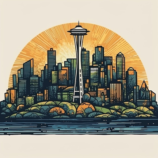 Paesaggio urbano cosmico Stampa colorata su linoleum dello skyline di Seattle con splendore celeste