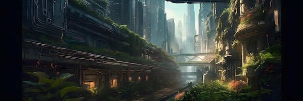 Paesaggio urbano cyberpunk con giardini galleggianti futuristici in cui grattacieli illuminati al neon e tecnologia avanzata coesistono con vegetazione lussureggiante e vibrante vita vegetale ai generativa