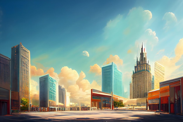 Paesaggio urbano del centro occidentale contemporaneo astratto al mattino soleggiato con l'arte generata dalla rete neurale dei grattacieli moderni