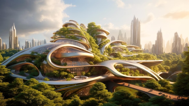 Paesaggio urbano della città futuristica con edifici verdi foresta verticale AI generativa Scenario della città nel futuro design ecocompatibile Concetto di natura ecologia ambiente verde