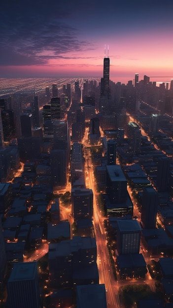 Paesaggio urbano di chicago al tramonto con luci dall'orizzonte IA generativa