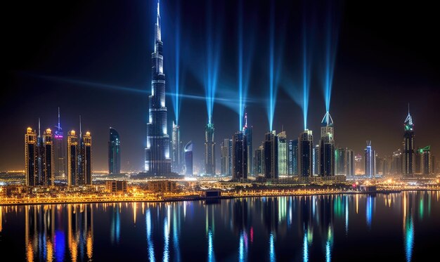 Paesaggio urbano di Dubai Marina di notte