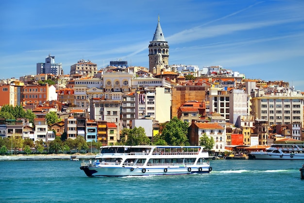 Paesaggio urbano di Istanbul con vista sulla Torre di Galata e barche nella baia del Corno d'Oro, Turchia