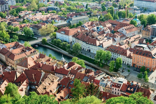 Paesaggio urbano di Lubiana con architettura della casa e fiume Ljubljanica in Slovenia