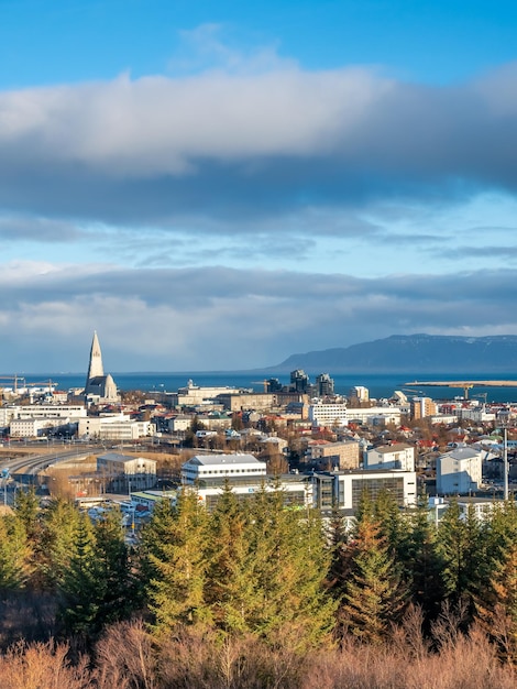 Paesaggio urbano di Reykjavik, capitale dell'Islanda dal punto di vista del ponte dell'Osservatorio Perlan