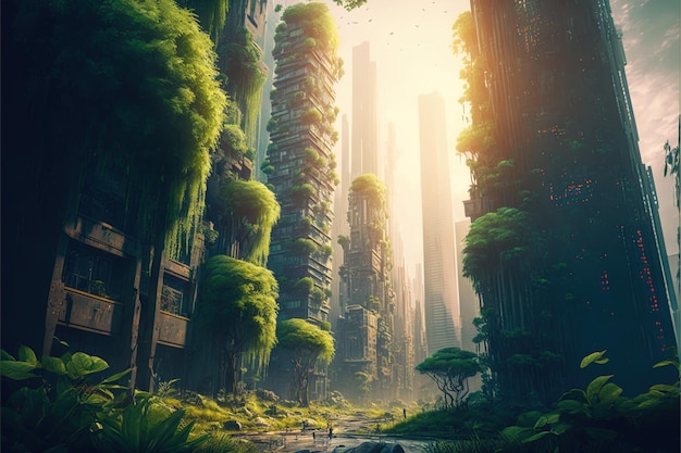 Paesaggio urbano ecofuturistico con giardino verde nella città moderna Illustrazione digitale AI