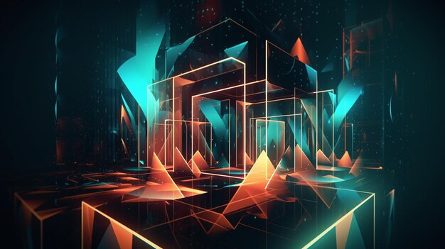 Paesaggio urbano futuristico al neon Un rendering geometrico 3D ispirato all'opera d'arte digitale di Mike Winkelmann