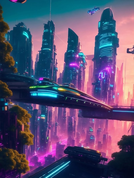 Paesaggio urbano futuristico al tramonto Generative AI Illustration