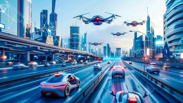 Paesaggio urbano futuristico con auto volanti e traffico moderno