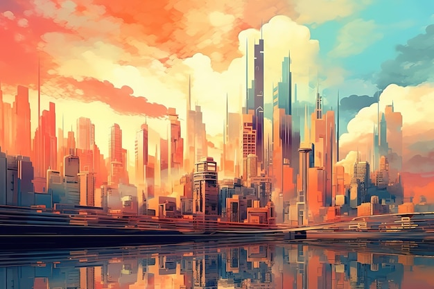 Paesaggio urbano futuristico con edifici alti e riflessi nell'acqua La calda palette di colori arancione e blu crea un'atmosfera urbana moderna