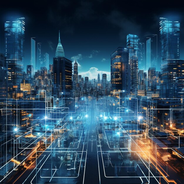 Paesaggio urbano futuristico con elementi del circuito che rappresentano l'interconnessione dell'industria tecnologica