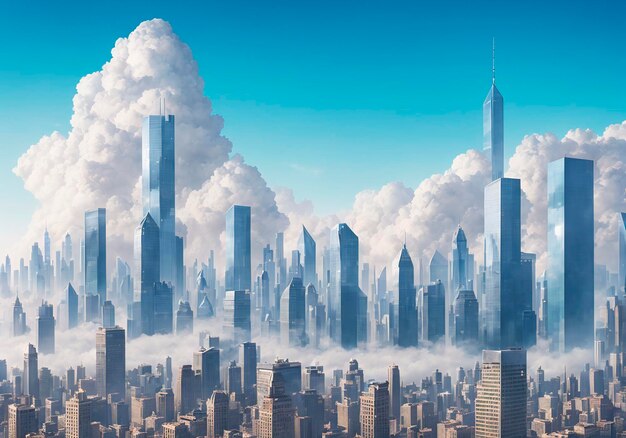 Paesaggio urbano futuristico con grattacieli e cielo blu nuvoloso