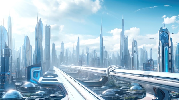 Paesaggio urbano futuristico con grattacieli eleganti e trasporti avanzati