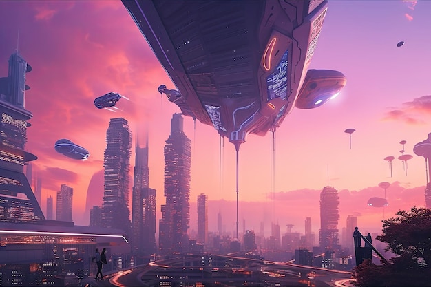 Paesaggio urbano futuristico con grattacieli torreggianti cielo rosa e viola e macchine volanti