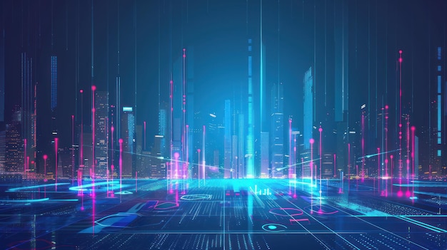 Paesaggio urbano futuristico con luci al neon e dati digitali