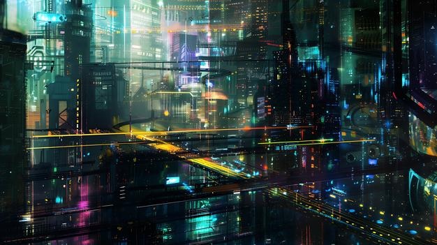 Paesaggio urbano futuristico con luci al neon vibranti