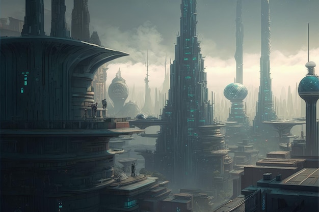 Paesaggio urbano futuristico con strutture industriali in ambientazione fantascientifica Concetto di fantasia Illustrazione pittura IA generativa