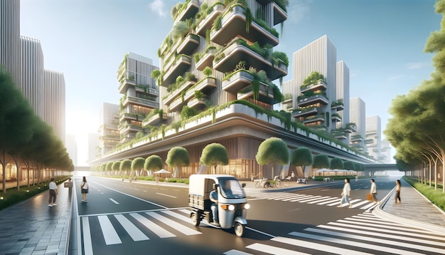 Paesaggio urbano futuristico con tecnologie sostenibili e trasporti ecologici