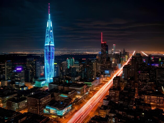 Paesaggio urbano futuristico di mezzanotte dettagliato con grattacieli e veicoli illuminanti