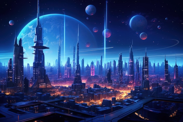 Paesaggio urbano futuristico di notte con luci al neon IA generativa