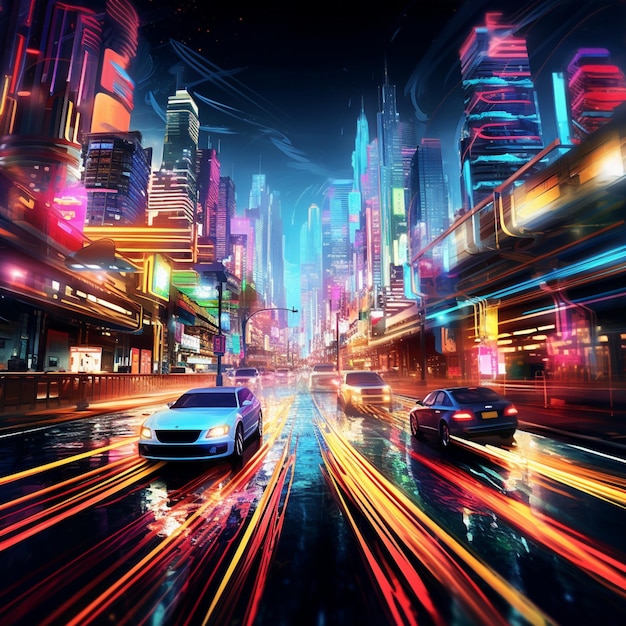 Paesaggio urbano futuristico di notte con vivaci luci al neon