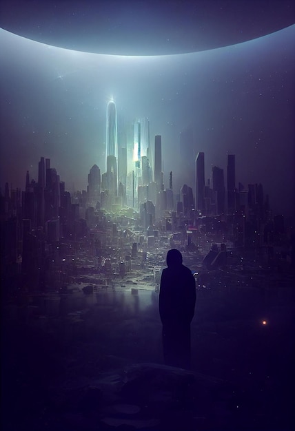 Paesaggio urbano futuristico di un uomo in piedi davanti all'orizzonte della città generativo ai