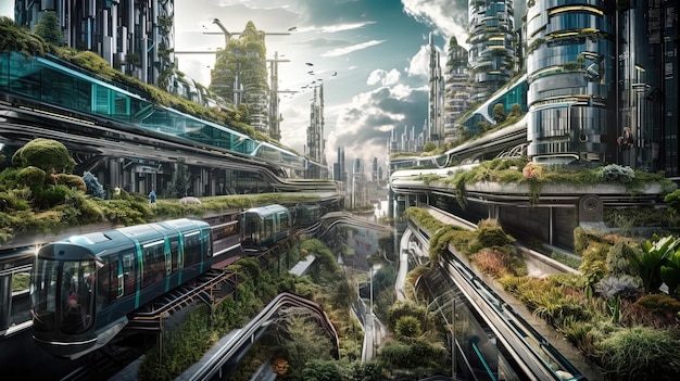 paesaggio urbano futuristico pieno di verdi grattacieli parchi e altri spazi verdi artificiali in città