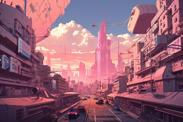 Paesaggio urbano futuristico rosa con grattacieli imponenti e strade animate