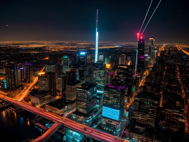 Paesaggio urbano illuminato di mezzanotte con l'illustrazione del cyborg dei grattacieli
