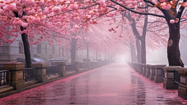 Paesaggio urbano in fiore di ciliegio in fiore, illustrazione generata dall'AI