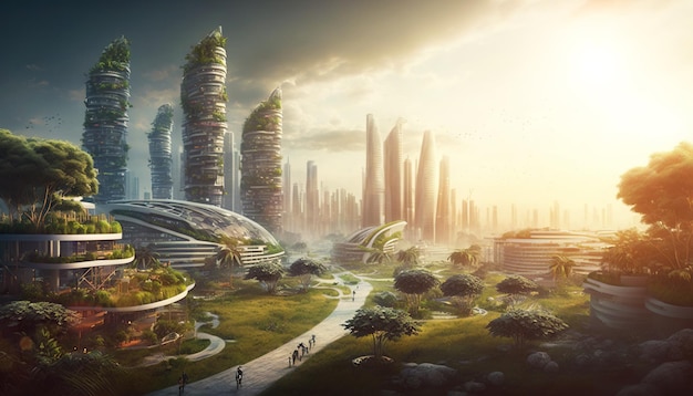 Paesaggio urbano infuso di natura con uno stato d'animo ecofuturistico e sereno IA generativa