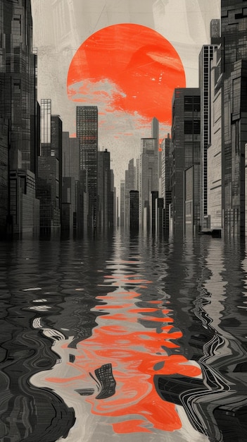 Paesaggio urbano inondato da un sole rosso di grandi dimensioni