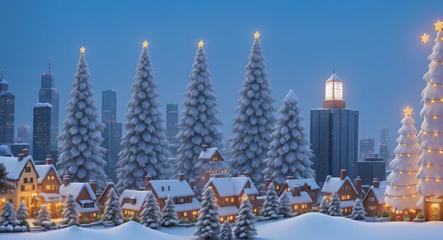 Paesaggio urbano invernale Skyline innevato con decorazioni festive