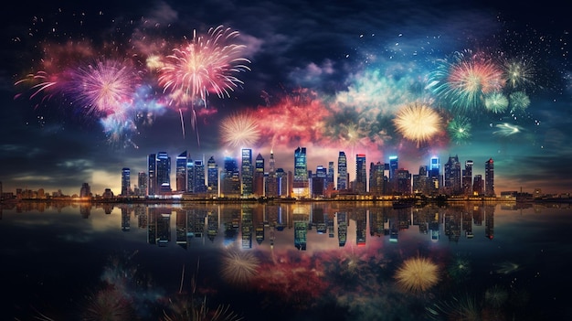 Paesaggio urbano notturno con fuochi d'artificio illuminanti