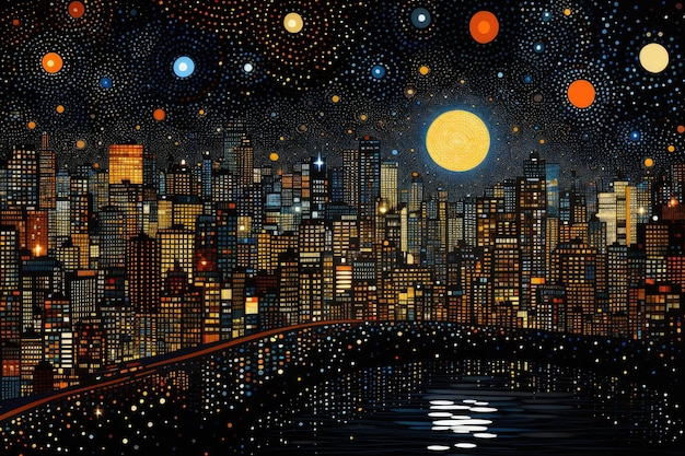 Paesaggio urbano notturno con la luna e le stelle nel cielo Illustrazione vettoriale Illustrazione puntinista raffigurante uno skyline della città di notte con numerosi punti Generato dall'intelligenza artificiale
