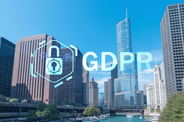 Paesaggio urbano panoramico del centro di Chicago e della passerella sul lungofiume con ponti di giorno Illinois USA GDPR ologramma concetto di regolamentazione sulla protezione dei dati e privacy per gli individui