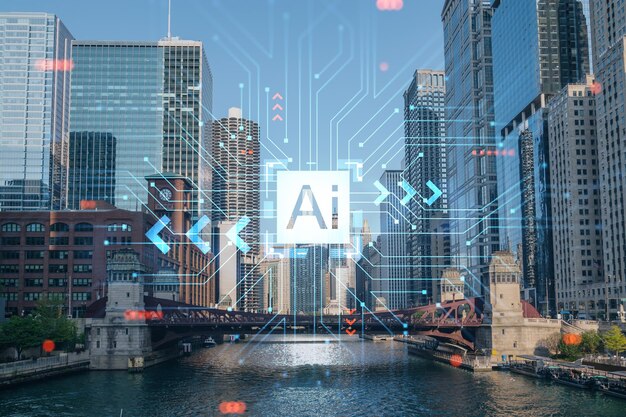 Paesaggio urbano panoramico del centro di Chicago e passerella sul lungofiume con ponti di giorno Illinois USA Intelligenza artificiale concetto AI e business machine learning robotica della rete neurale