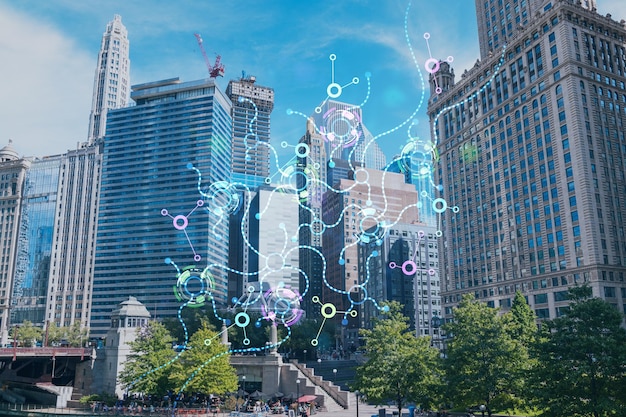 Paesaggio urbano panoramico del centro di Chicago e passerella sul lungofiume con ponti di giorno Illinois USA Intelligenza artificiale concetto AI e business machine learning robotica della rete neurale