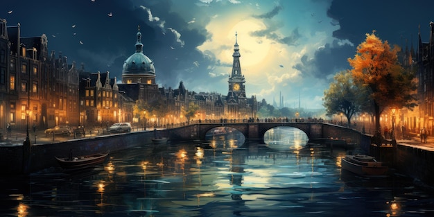 Paesaggio urbano panoramico di Amsterdam con vibrazioni autunnali nello stile dell'illustrazione dell'acquerello