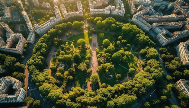 Paesaggio urbano panoramico di moderni grattacieli e natura dall'alto generati dall'intelligenza artificiale