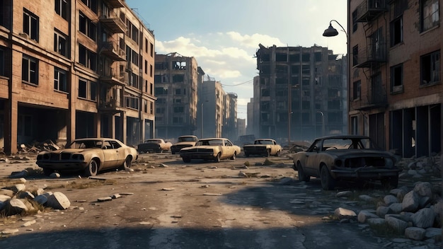 Paesaggio urbano post-apocalittico con edifici desolati e in decomposizione
