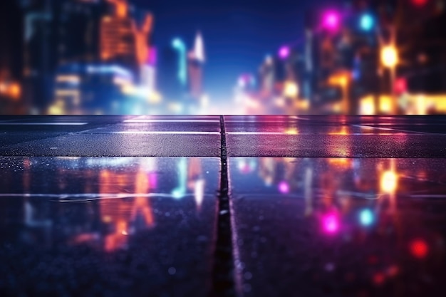 Paesaggio urbano sfocato con riflessi al neon sulle strade bagnate palcoscenico astratto scuro e strada