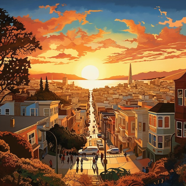Paesaggio urbano vibrante che cattura l'essenza dei diversi quartieri di San Francisco