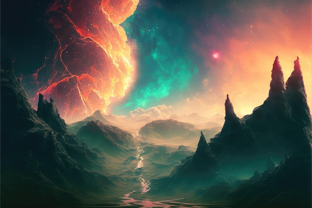 Paesaggio utopico da sogno con cielo di nebulosa colorata