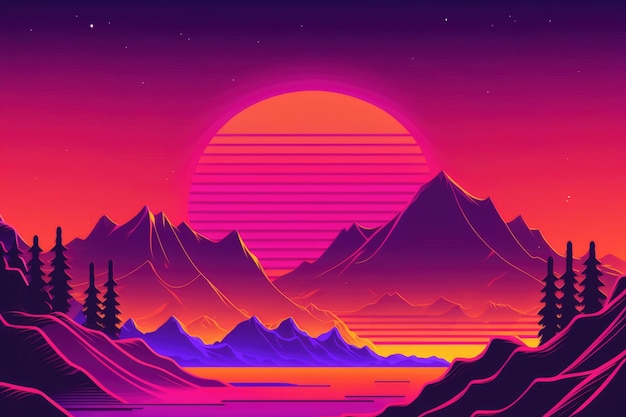 Paesaggio Vaporwave con montagne e sole creato utilizzando la tecnologia ai generativa