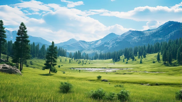 Paesaggio verde del Kazakistan con maestose montagne, pini e acque serene