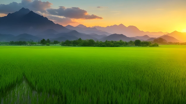 paesaggio verde della risaia e tramonto generati dai